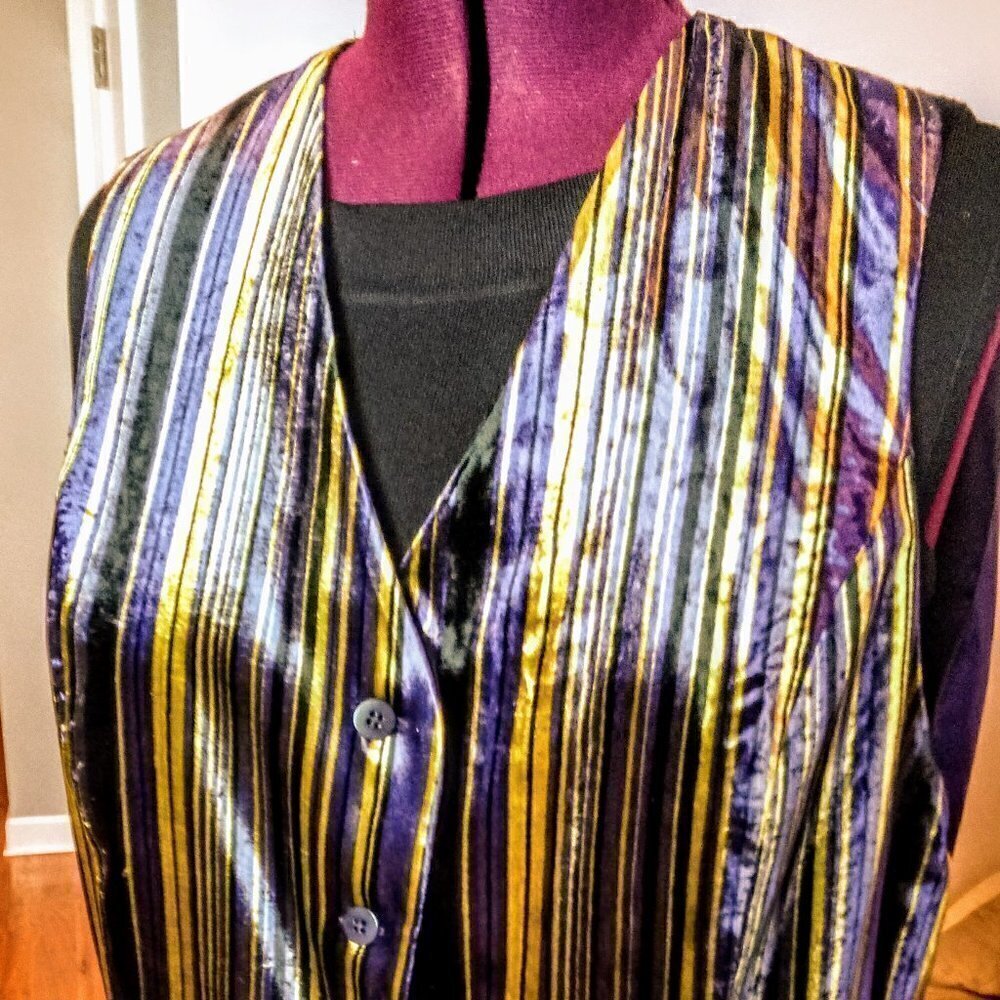 Ellen Tracy Velvet Eggplant & Lime Stripe Vest